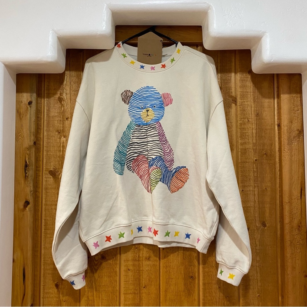 Teddy Fresh Ivory Crewneck Sweatshirt Watercolor Bear Multicolor Cute Size S